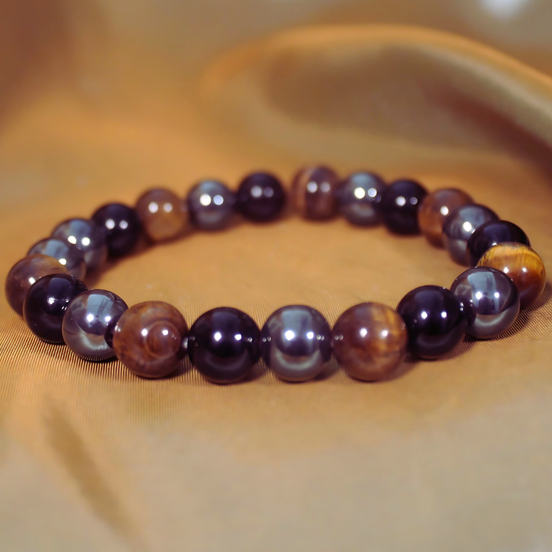 DIVINE MASCULINE INTENTION BRACELET - Mens Tigers eye, tourmaline, and hematite on elastic band