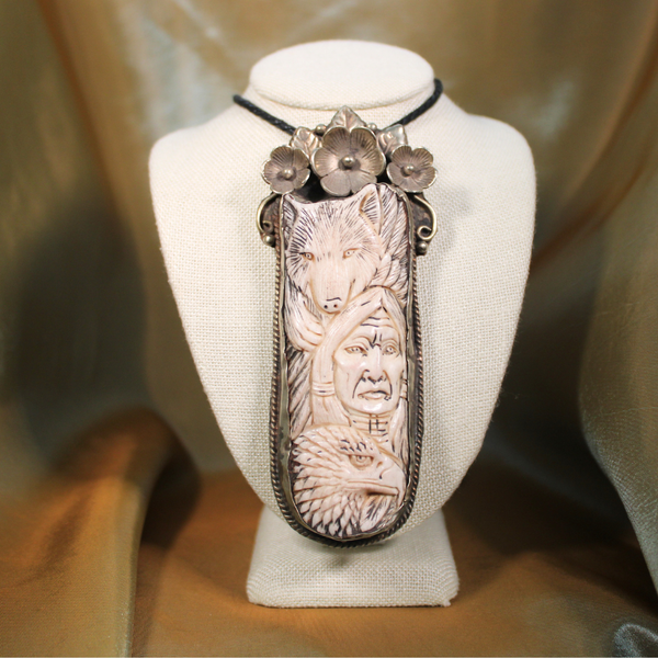 SACRED BONES - BISON BONE WHITE WOLF TOTEM NECKLACE