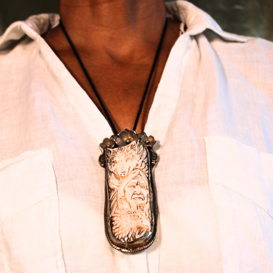 SACRED BONES - BISON BONE WHITE WOLF TOTEM NECKLACE