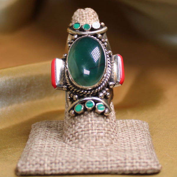 MEGA METAPHYSICAL RING - GREEN CHALCEDONY WITH CORAL AND MALACHITE