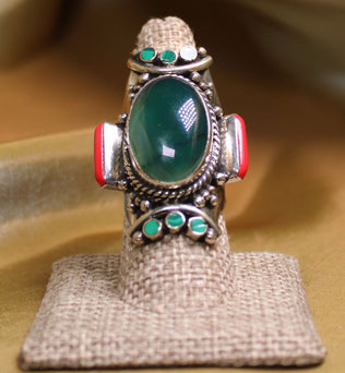 MEGA METAPHYSICAL RING - GREEN CHALCEDONY WITH CORAL AND MALACHITE