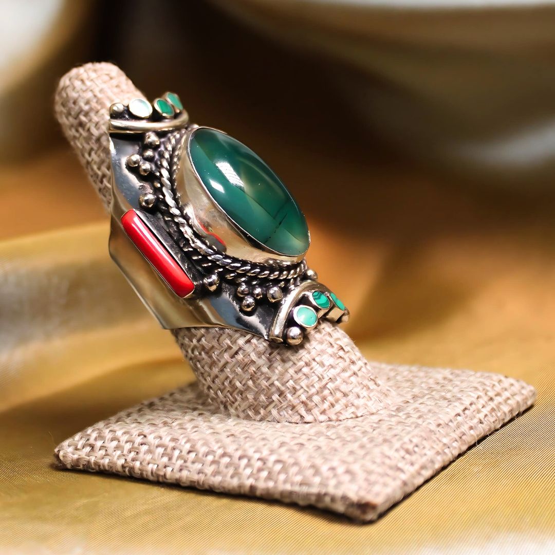 MEGA METAPHYSICAL RING - GREEN CHALCEDONY WITH CORAL AND MALACHITE