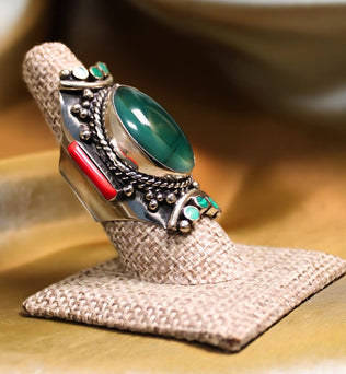 MEGA METAPHYSICAL RING - GREEN CHALCEDONY WITH CORAL AND MALACHITE