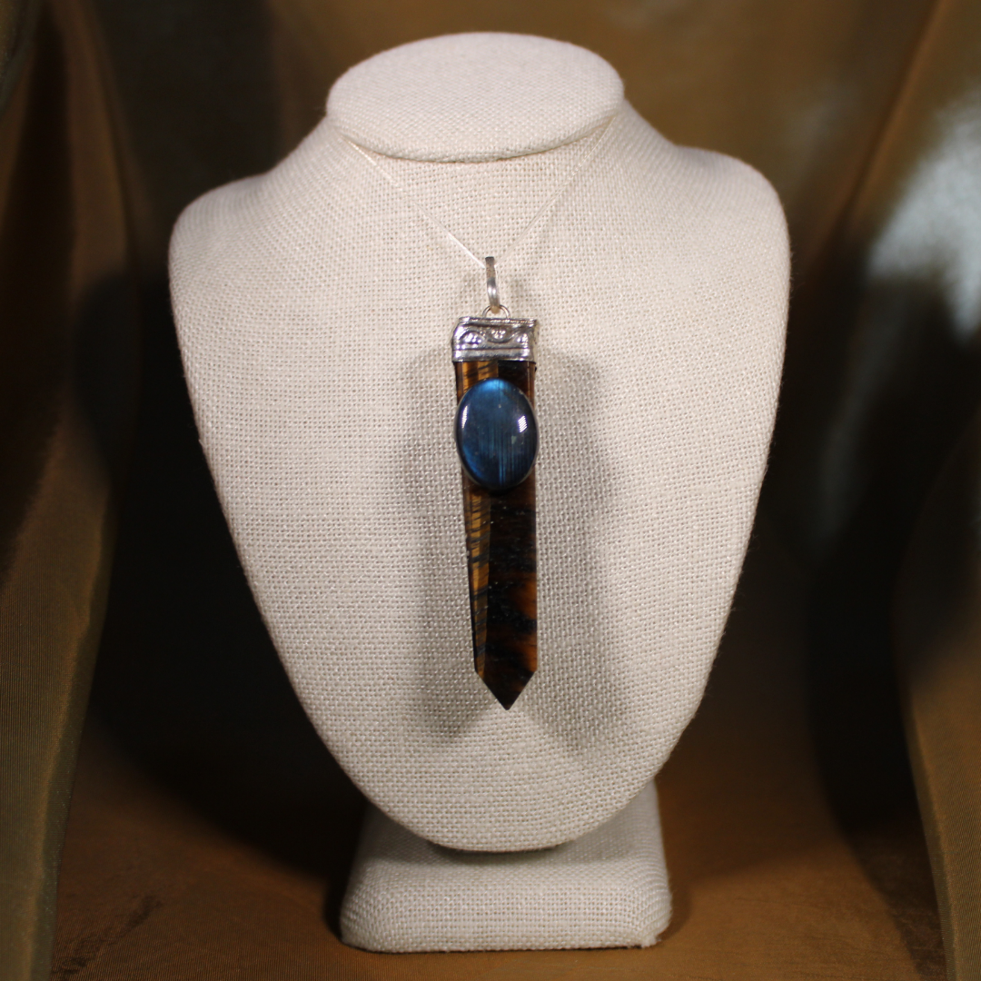 ANGEL HARP INFINITY NECKLACE - TIGERS EYE AND LABRADORITE OBELISK