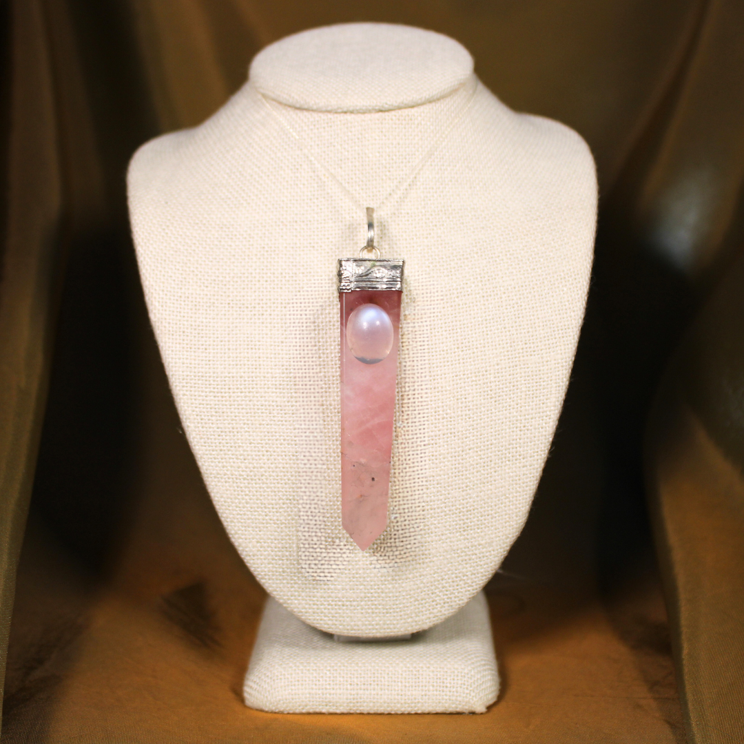 ANGEL HARP INFINITY NECKLACE - ROSE QUARTZ AND RAINBOW MOONSTONE