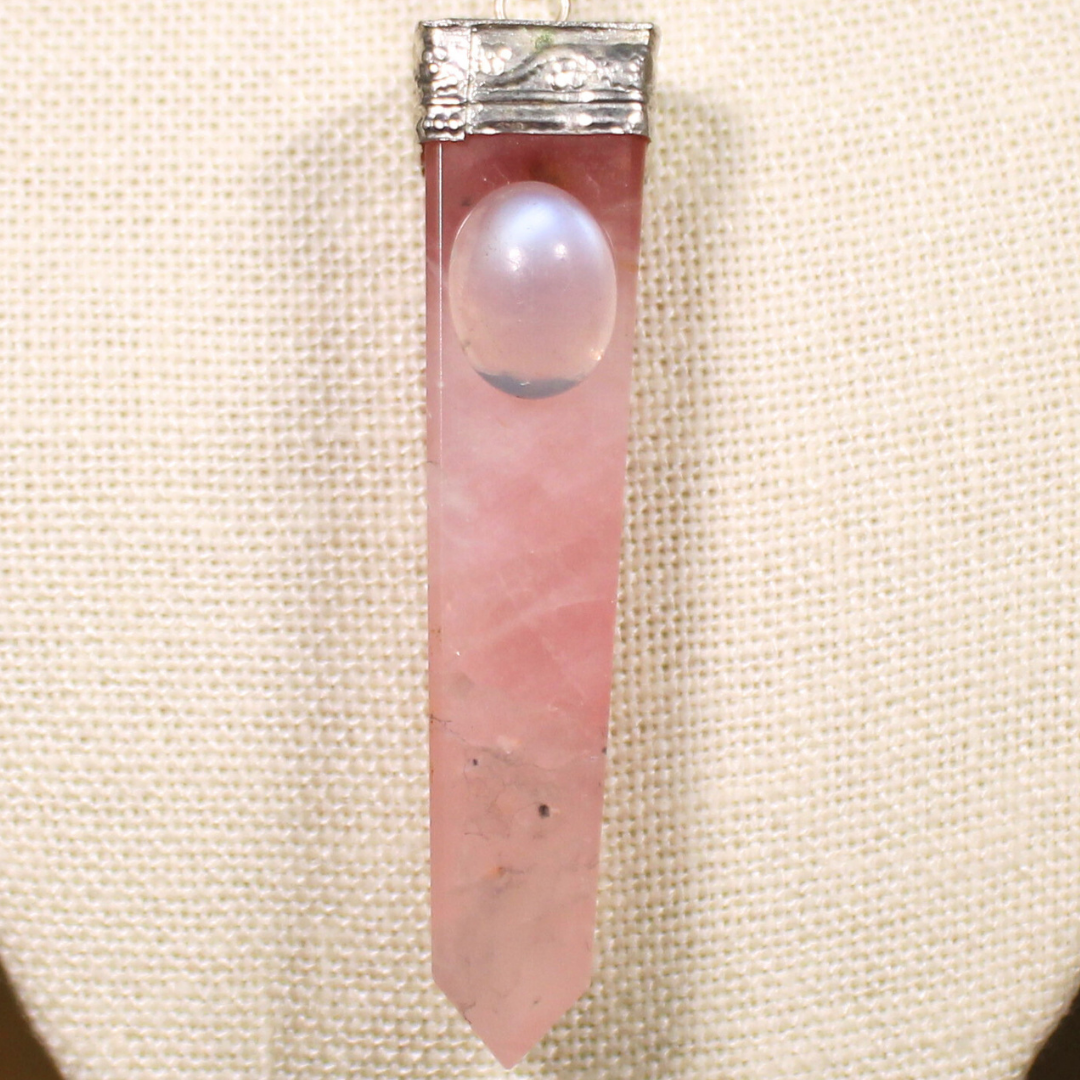 ANGEL HARP INFINITY NECKLACE - ROSE QUARTZ AND RAINBOW MOONSTONE