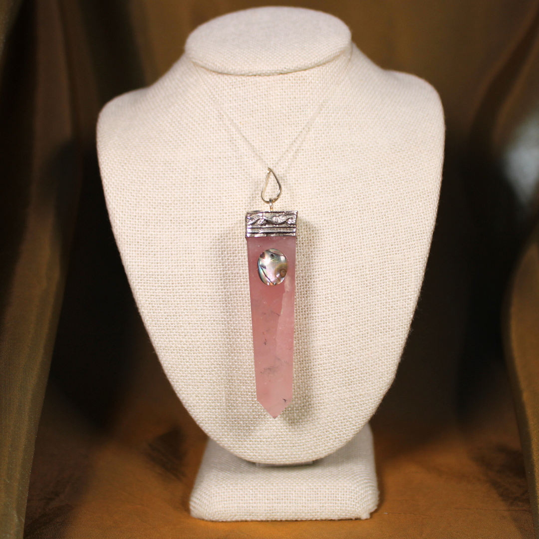 ANGEL HARP INFINITY NECKLACE - ROSE QUARTZ OBELISK W/ ABALONE