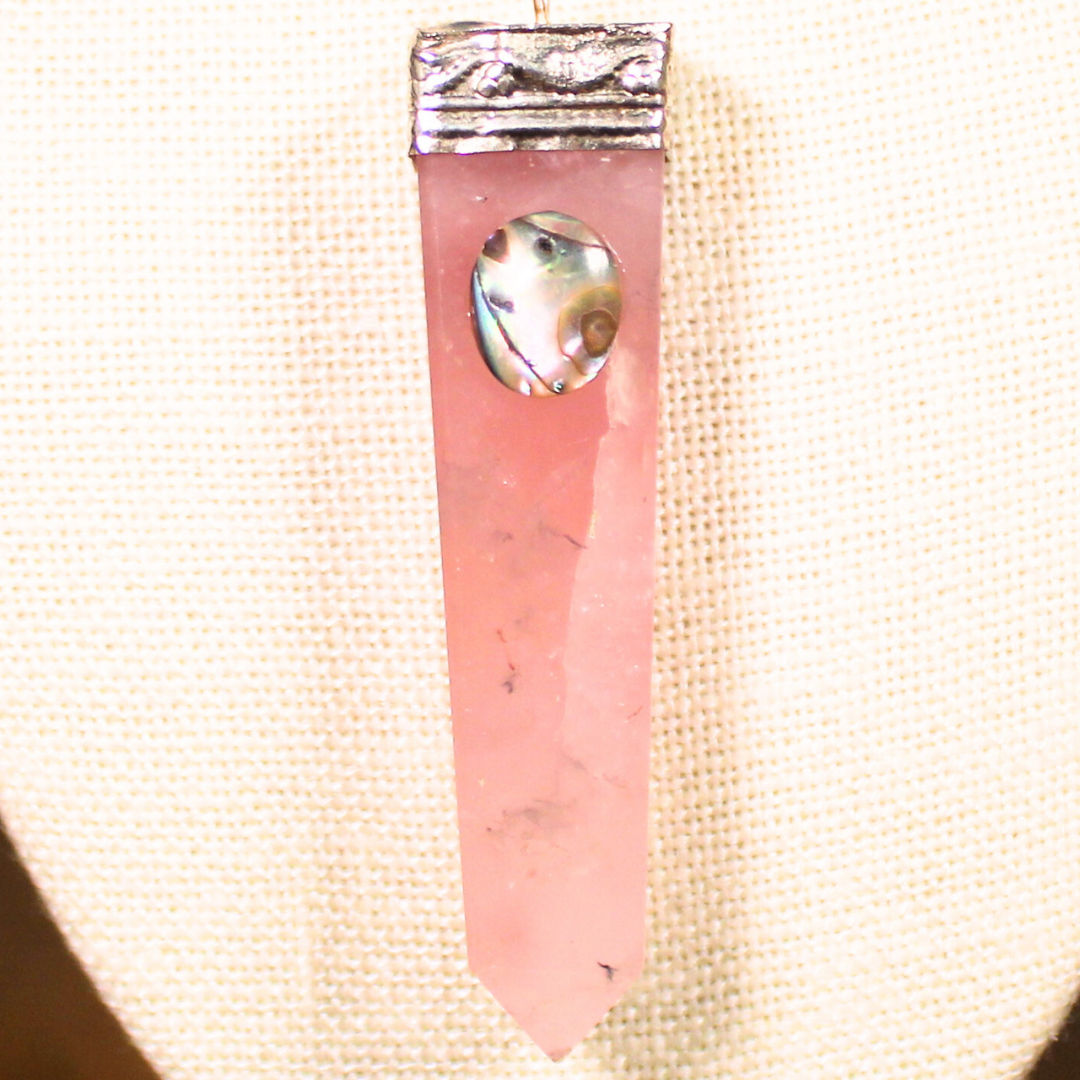 ANGEL HARP INFINITY NECKLACE - ROSE QUARTZ OBELISK W/ ABALONE