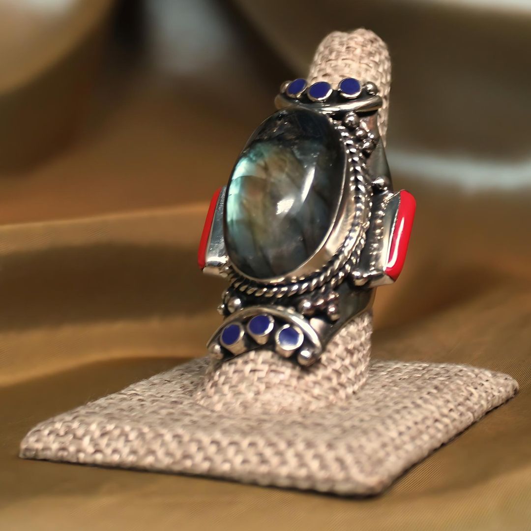 MEGA METAPHYSICAL RING - Labradorite w/ coral and lapis oval