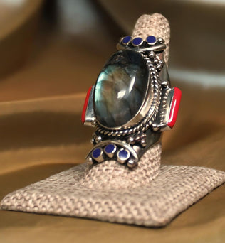 MEGA METAPHYSICAL RING - Labradorite w/ coral and lapis oval