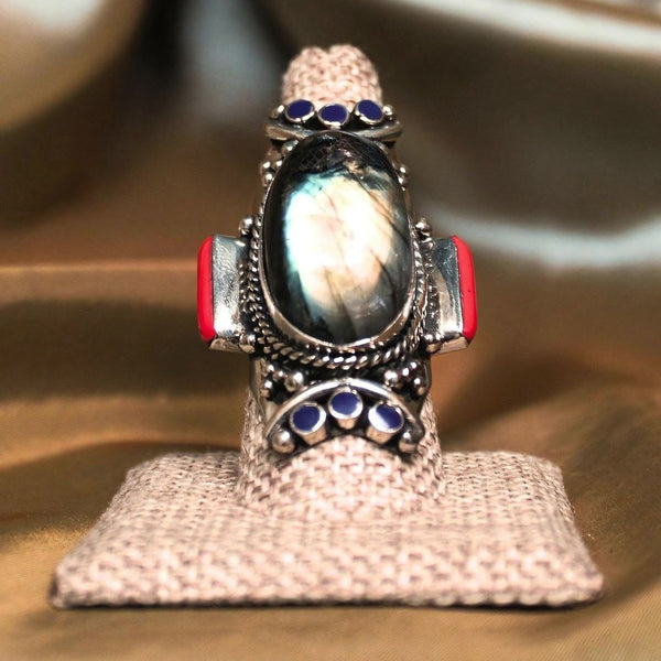 MEGA METAPHYSICAL RING - Labradorite w/ coral and lapis oval