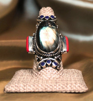 MEGA METAPHYSICAL RING - Labradorite w/ coral and lapis oval