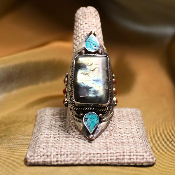 MEGA METAPHYSICAL RING - Labradorite w/ turquoise and coral