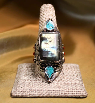 MEGA METAPHYSICAL RING - Labradorite w/ turquoise and coral