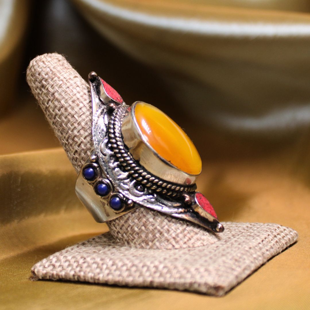 MEGA METAPHYSICAL RING - AMBER, CORAL, and LAPIS LAZULI