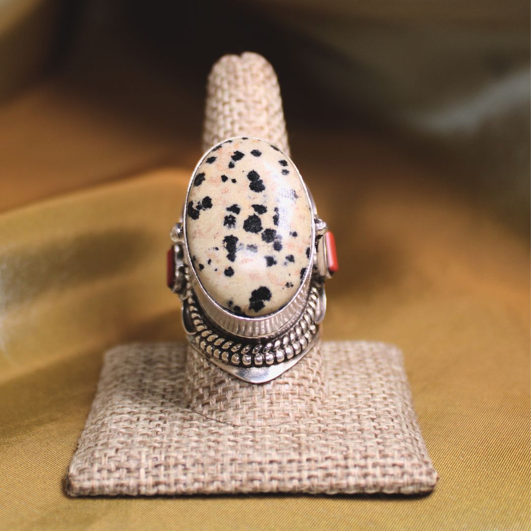 MEGA METAPHYSICAL RING - Dalmatian Jasper and Coral Jewel Box Ring