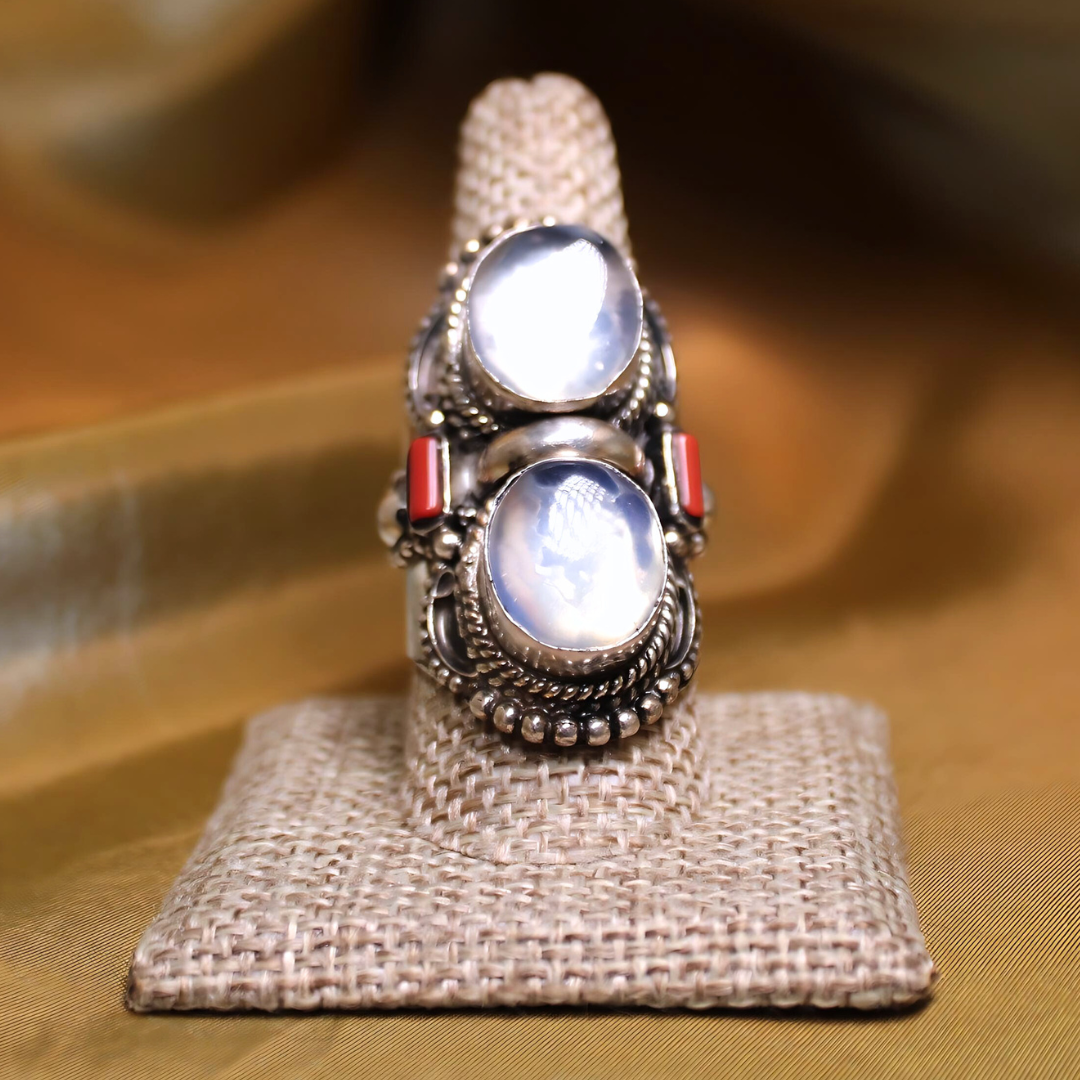 MEGA METAPHYSICAL RING - RAINBOW MOONSTONE AND CORAL STACKED RING