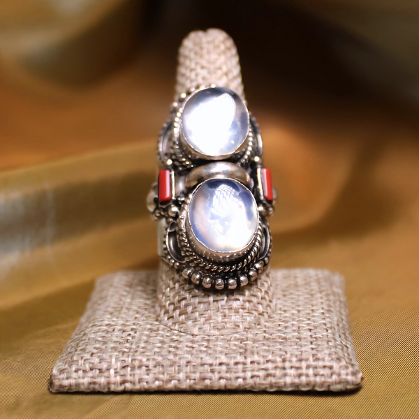 MEGA METAPHYSICAL RING - RAINBOW MOONSTONE AND CORAL STACKED RING