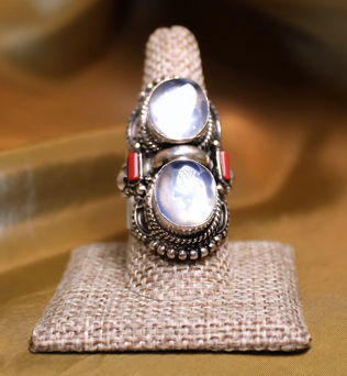 MEGA METAPHYSICAL RING - RAINBOW MOONSTONE AND CORAL STACKED RING