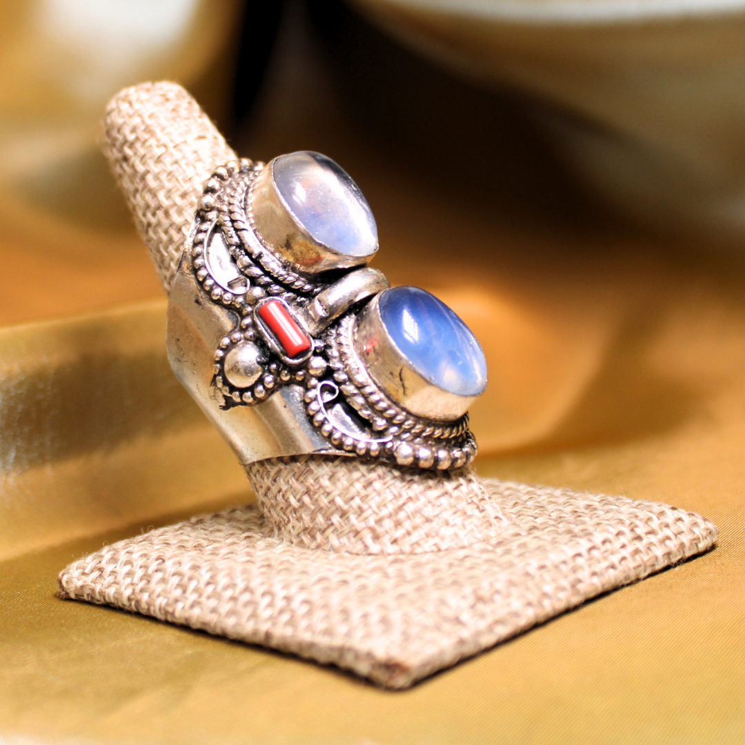 MEGA METAPHYSICAL RING - RAINBOW MOONSTONE AND CORAL STACKED RING