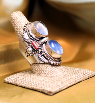 MEGA METAPHYSICAL RING - RAINBOW MOONSTONE AND CORAL STACKED RING