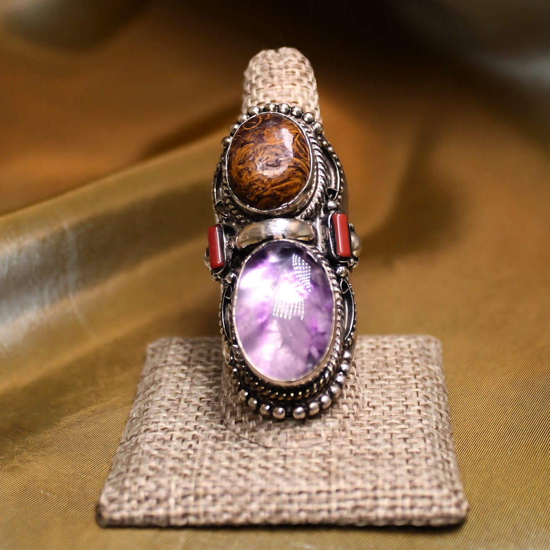 MEGA METAPHYSICAL RING - Amethyst, Tigers eye and Coral stacked ring