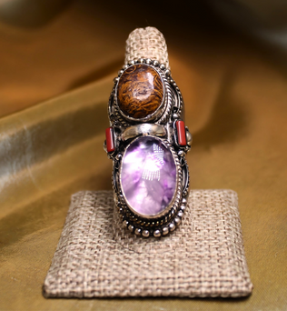 MEGA METAPHYSICAL RING - Amethyst, Tigers eye and Coral stacked ring