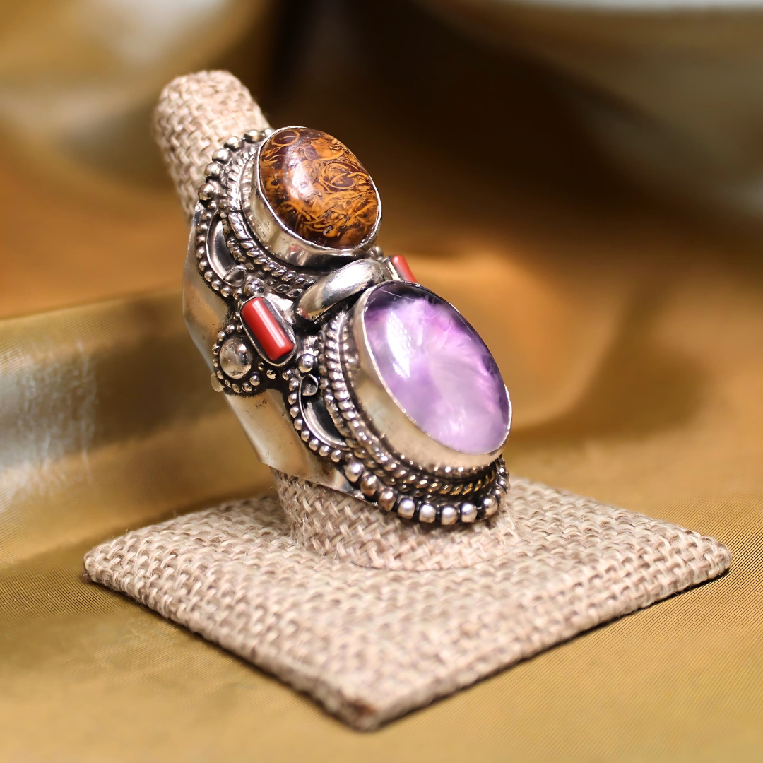 MEGA METAPHYSICAL RING - Amethyst, Tigers eye and Coral stacked ring