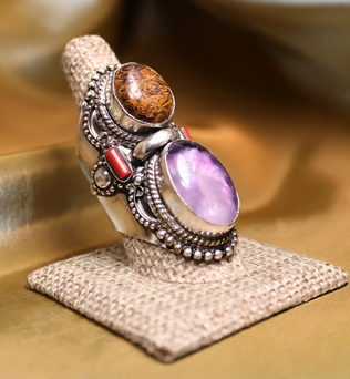 MEGA METAPHYSICAL RING - Amethyst, Tigers eye and Coral stacked ring