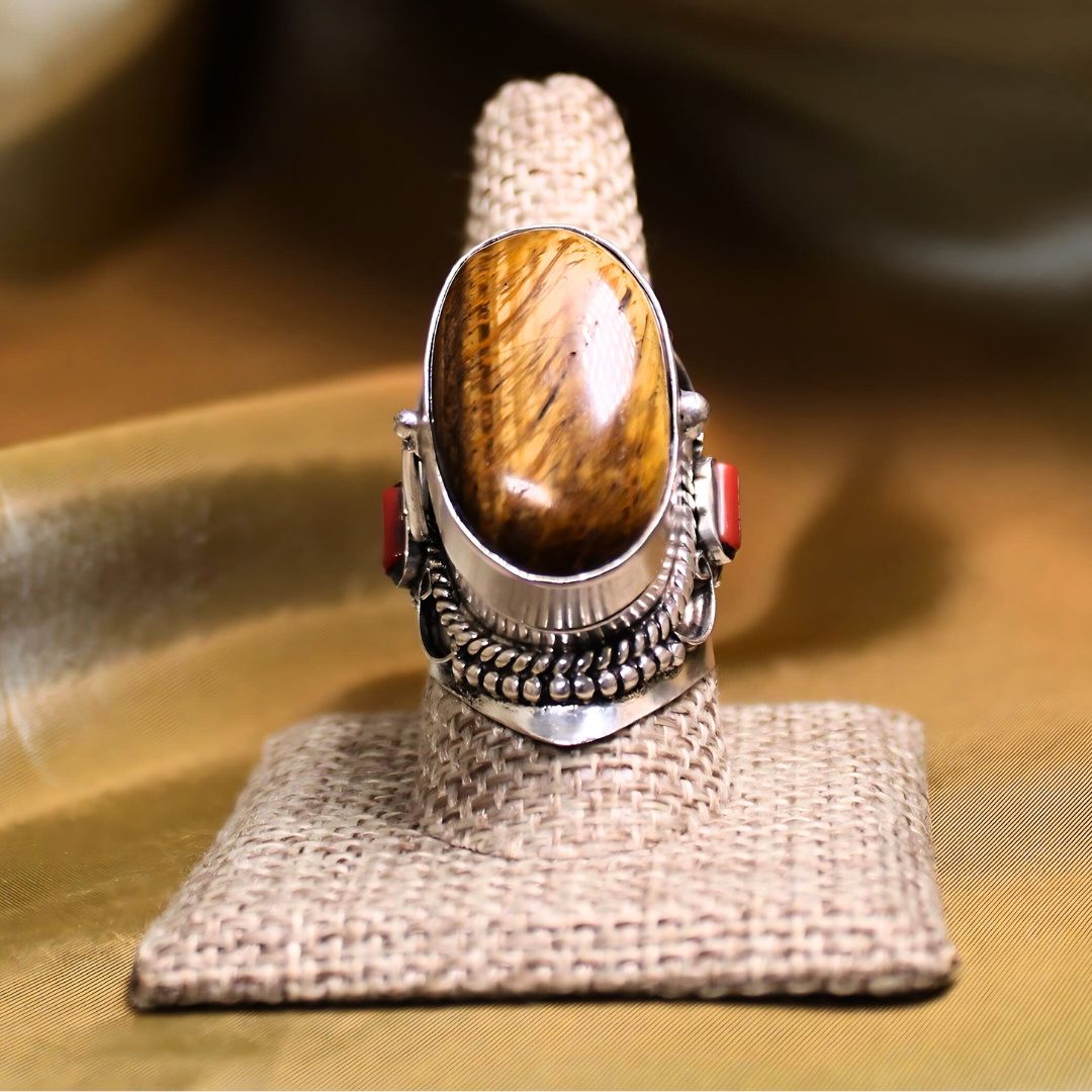 MEGA METAPHYSICAL RING - Tigers Eye and coral Jewel box ring