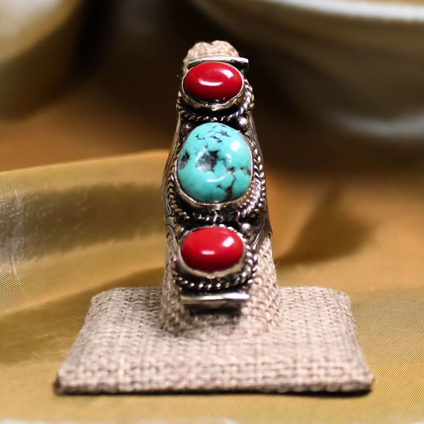 MEGA METAPHYSICAL RING - Turquoise and Coral Triple stacked Ring