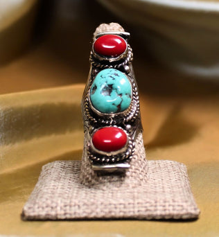 MEGA METAPHYSICAL RING - Turquoise and Coral Triple stacked Ring