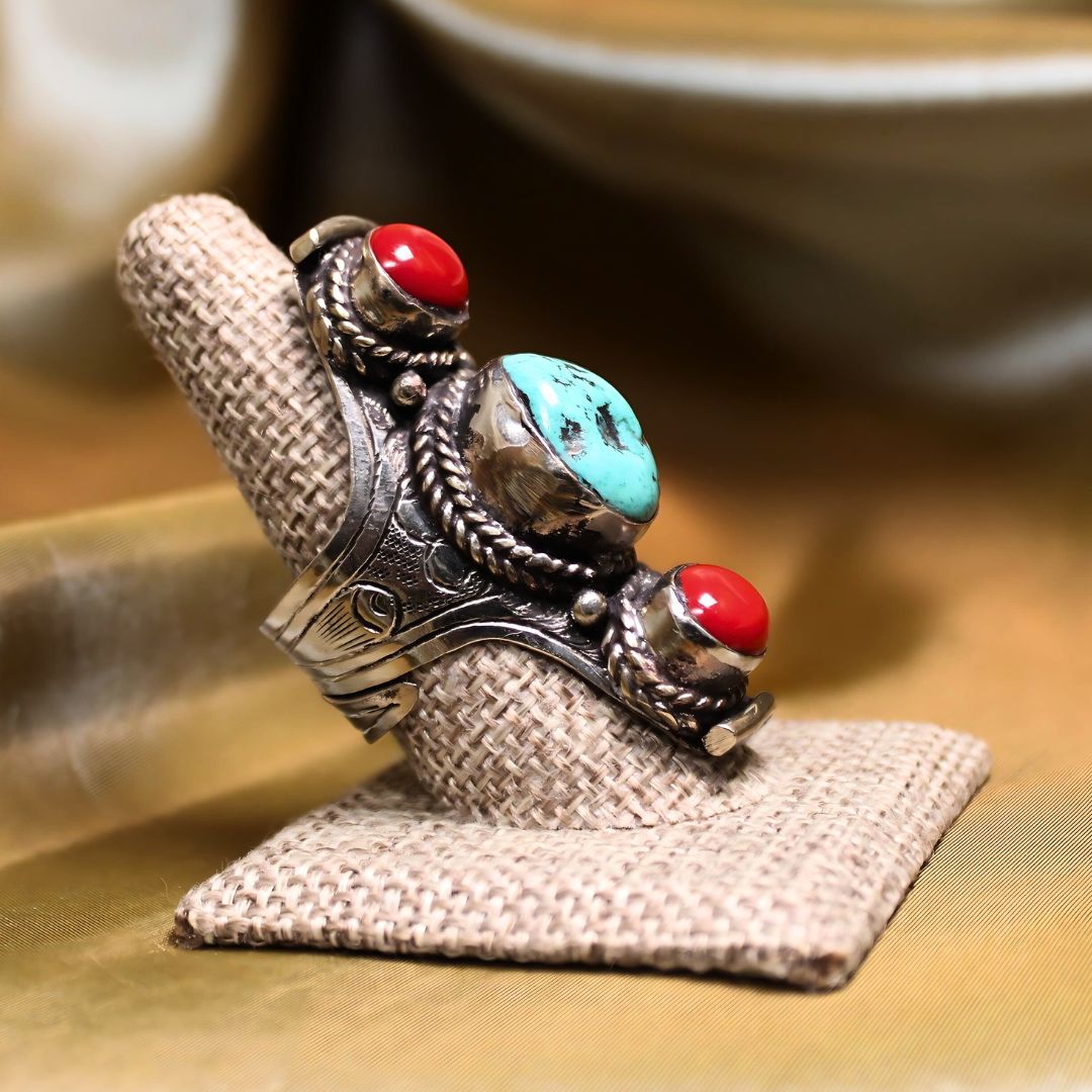 MEGA METAPHYSICAL RING - Turquoise and Coral Triple stacked Ring