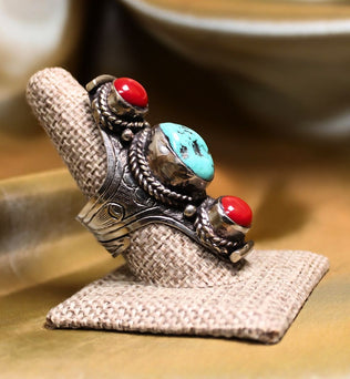 MEGA METAPHYSICAL RING - Turquoise and Coral Triple stacked Ring